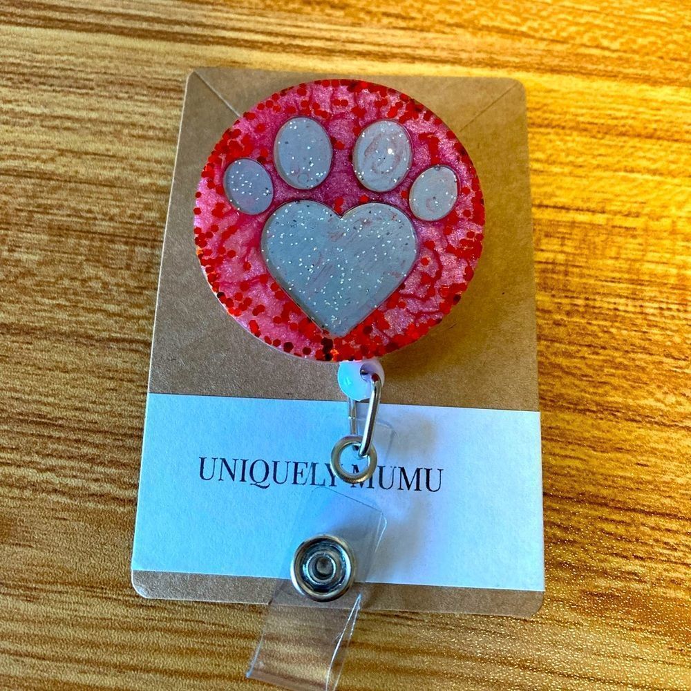 Red glitter badge clip w/ silver paw